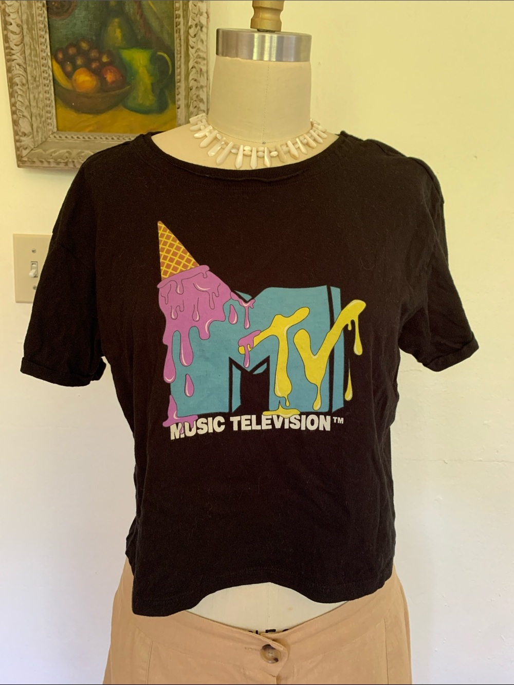 Cropped MTV Black Tee with Teal, Yellow & Purple Drip Logo